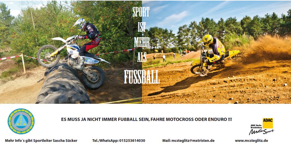 Zwei Jugendliche auf Motocrossmaschinen, dazu der Aufruf: Es muss ja nicht immer Fußball sein, fahre Motocross oder Enduro