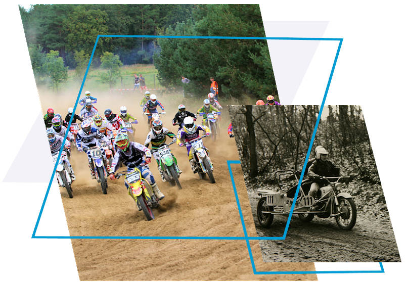 Bildmontage: Massenstart eines Motocrossrennens und historische Aufnahme eines Motorradgespanns